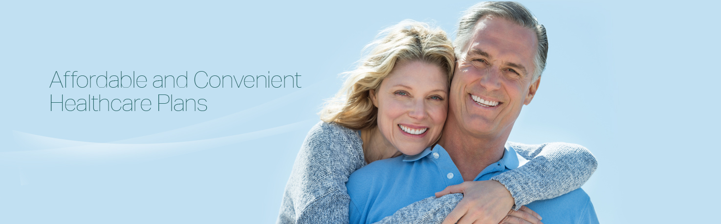 Portrait of a man and woman on blue background for healthcare insurance
